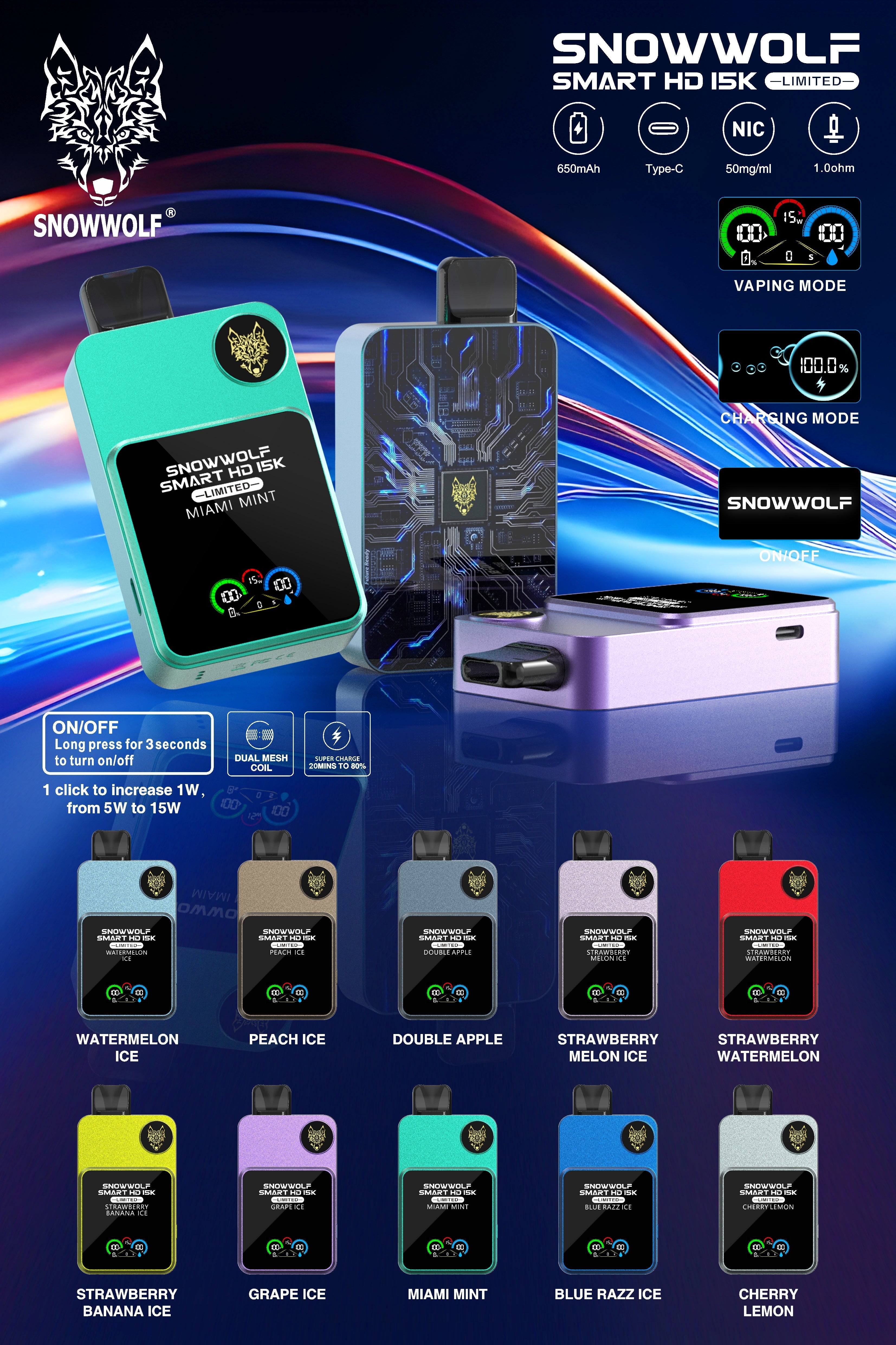 SNOWWOLF Smart HD 15000 Puffs Disposable Vape Wholesale - VZVAPE