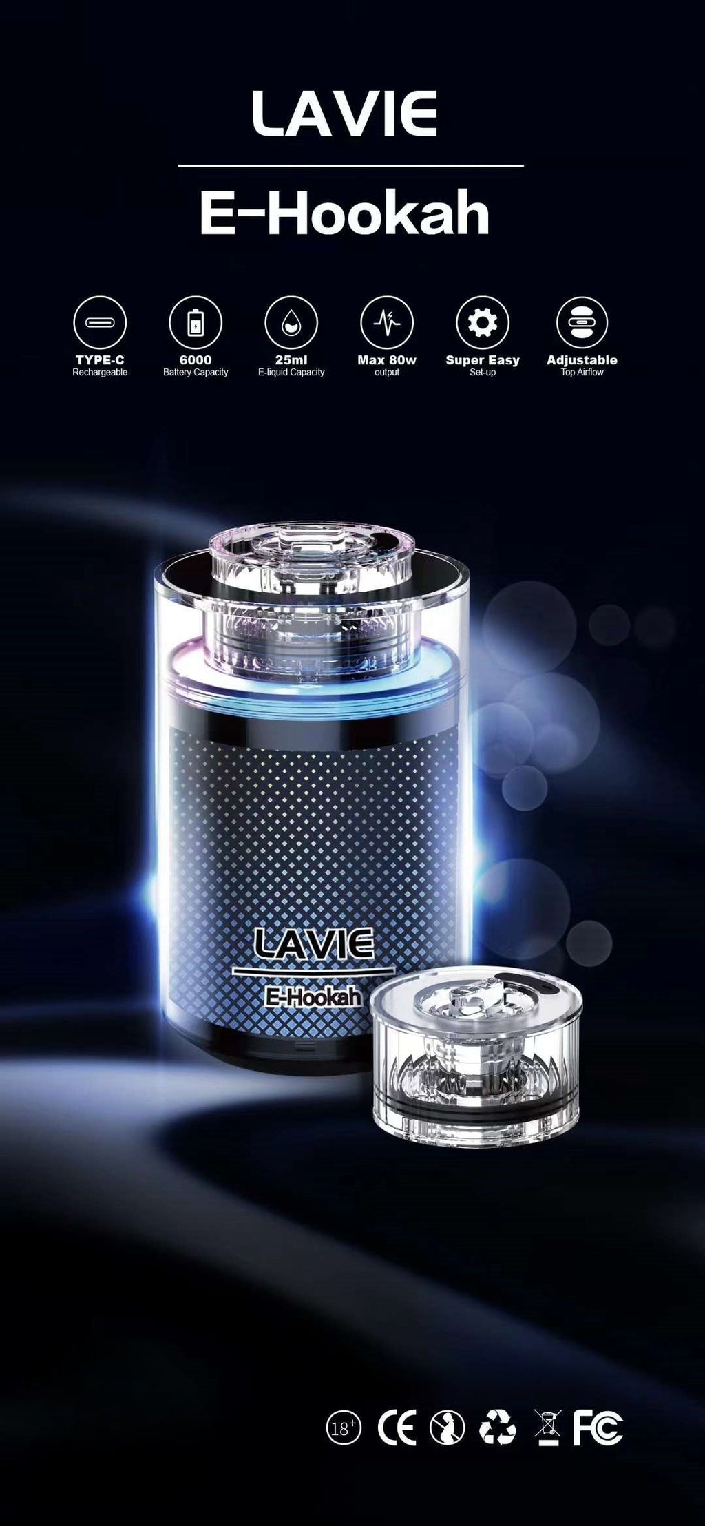 LAVIE Portable Colour Screen Multi-Function E-Hookah Head Hookah Wholesale - Vapz Vape Wholesale